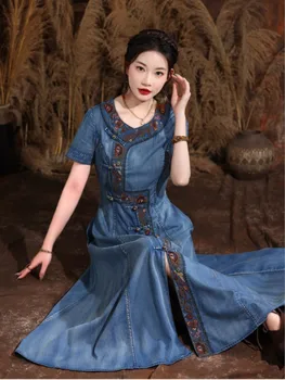 2023 Vasaros Naują Rankų Darbo Mygtuką Išsiuvinėtu Džinsinio Audinio Ilga Suknelė Vintage Moterų Trumpomis Rankovėmis Kinų Stiliaus Pagerėjo Qipao Suknelė