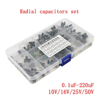 200pcs/daug Radialinio kondensatoriai nustatyti 15Values 0.1 uF-220uF Elektrolitinius Kondensatorius Asortimentas Rinkinys 10V/16V/25V/50V kondensatorius pack