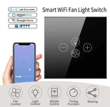 MUMS, EU Plug Tuya Smart Gyvenimo WiFi Ventiliatorius Šviesos Jungiklis Touch Kontrolės Stiklo plokštės Ventiliatorius Lempos Sienos Jungiklis, Balso Alexa, Google