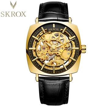 SKROX Prabanga Aikštėje Skaidrus Automatinis Mechaninis laikrodis Vyrams Top Brand natūralios Odos Dirželis Vintage Gold Skeletas Laikrodžiai