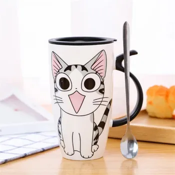 Keramikos Kūrybinis Animaciją Kačių Puodelis Su Dangteliu ir Šaukštu Pieno, Kavos Puodelis Porcelianas Kelionės Arbatos Puodelio Didelės Talpos Drinkware Dovanos