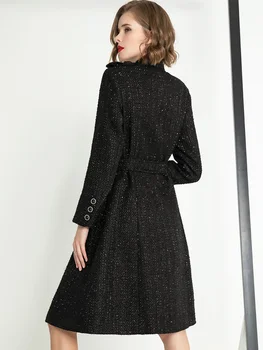 juoda stiliaus tvido vilnoniai paltai moterų vidutinio ilgio rudens ir žiemos 2023 naujas temperamentas vilnonis paltas