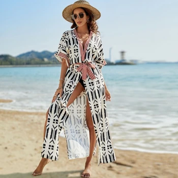 2023 Vasaros Bikini Danga-ups Juodi Retro Dryžuotas Savarankiškai Juostinės Moterų Vasaros Drabužių Kimono Suknelę Paplūdimio Drabužiai Plaukti Kostiumas Padengti Iki