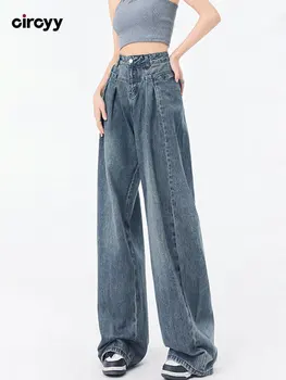 Mėlyna Baggy Jeans Moterų High Waisted Džinsai Denim Kelnės Spliced Plisuotos Visas Ilgis Pločio Kojų Streetwear Korėjos Derliaus Kelnės