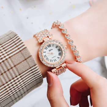 Prabangūs moteriški laikrodžiai naujas mados ponios kvarco deimantų laikrodžiai elegantiškas moterų apyrankės, laikrodžiai 2vnt Reloj Mujer