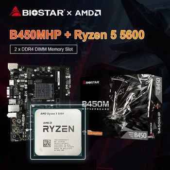 BIOSTAR Naujas B450MHP B450M Plokštė AM4 + AMD Ryzen 5 5600 R5 5600 CPU Procesorius DDR4 B450M USB3.1 M. 2 Micro ATX placa mae