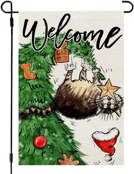 Kalėdų Funny Cat Sodo Vėliavos 12x18 Colių Mažas Dvipusis už kanapės Lauko Medžio Sveiki Kieme Žiemą Apdaila