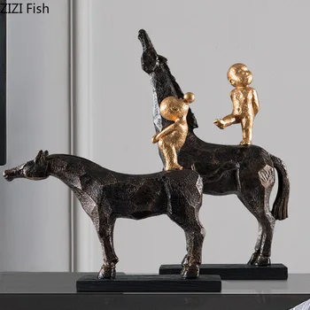 Berniukas Rider Black Horse Statula Stalo Dekoravimas Ornamentais, Abstraktus Paveikslas Kūrinys Pobūdžio Dervos Amatų Skulptūra Baldai