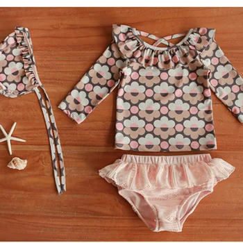 Naujas 3Pcs Vaikų Mergaičių maudymosi kostiumėlį, Pynimas Gėlių maudymosi Kostiumėliai ilgomis Rankovėmis Plaukimo Viršuje+ Nėriniai apatinės Kelnės+Plaukti Skrybėlę Nustatyti Maudyklų Paplūdimio CC162
