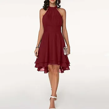 Vasarą 2023 nauja seksuali vientisa spalva netaisyklingai cut-line sijonas su dvigubu susiėmę rankovių šifono suknelė.