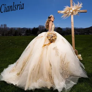 Šampanas Meksikos Quinceanera Suknelės su 3D Gėlių Aplikacijos Vestidos XV Años Saldus 16 chalatas de soirée