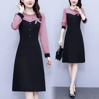 Vintage Black Kratinys Mygtuką Suknelė Ilgomis Rankovėmis Apvalios Kaklo Aukštos Juosmens, Plonas Vestidos Korėjos Elegantiškas 