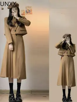 UNXX Nustatyti Moterų Rudens prancūzijos Retro Stiliaus Gražus Trumpas Kostiumas Kailis+Pusė Sijonas Dviejų dalių Kostiumas Moterims Preppy Stilius, PLONAS Sijonas Rinkiniai