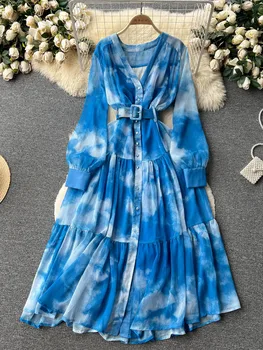 Moterų Pavasario Dress Prancūzijos Suknelė 2023 Naujo Dizaino Prasme Neteisėtų Kaklaraištis Dažų Slim Fit Long Sūpynės Šifono Atostogų Suknelė D3809