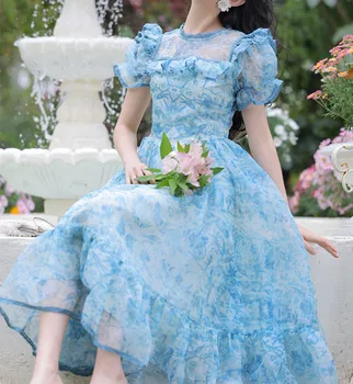 Elegantiškas Prancūzija Vasaros Tinklelio Ir Gėlių Atostogų Suknelė Vintage Moterų, O Kaklo Ruffles Sluoksniuotos Rankovėmis Spausdinti Princesė Plonas Ilgas Vestidos