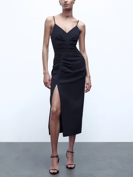 Vakare Šalies Suknelės Moterims 2023 Rankovių Spageti Dirželis Naktį Iš Seksuali Suknelė V Kaklo Susirinko Priekiniai Ritininės Black Midi Suknelė