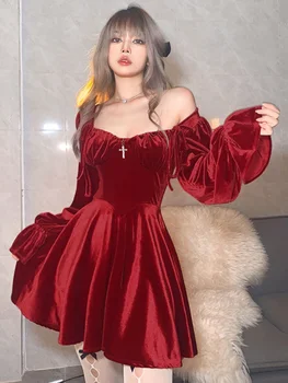 Prancūzija Derliaus Šalis Mini Suknelės Moterims, Žiemos, Juoda Gotikos Seksualus, Elegantiškas Suknelės, Raudonos Aksomo korėjos Stiliaus Suknelė Naujųjų Metų 2022