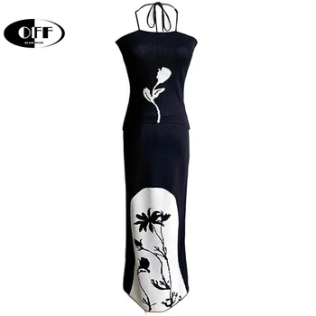 OFF vasaros gotikos Harajuku slim bodycon Spageti dirželis midi ilgio suknelės moterims gėlių megzti lady suknelė Y2K drabužių skraiste