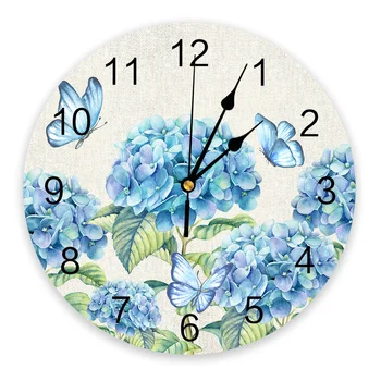 Vasaros Gėlės Hydrangeas Drugeliai Modernaus Dizaino Sieninis Laikrodis Kambarį Apdaila, Virtuvė Silent Laikrodis Namų Dekoro