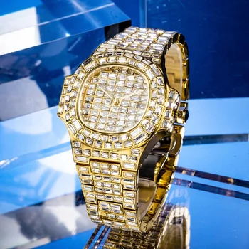 Top Hip-Hop Naujas Vyrai Laikrodžiai Batono AAA Moissanite Prabanga Lediniame Iš Visiškai Plieno, Kvarcas Šviesos Aukso Bling Vyrų Papuošalai Laikrodžiai