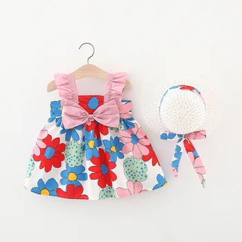 Vasaros Gėlių Suknelė Baby Girl Drabužiai Mielas Atsitiktinis Lankas Sijonas + Hat 2piece Bamblys Kostiumas Vaikų Drabužiai Princesė Suknelės