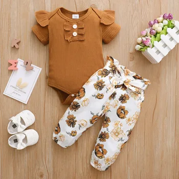 Naujas gimęs kūdikis mergaitė Brown pilnas įmantrybių vasaros mygtuką žemyn marškinėliai su gėlių spausdinti diržo pantsuit