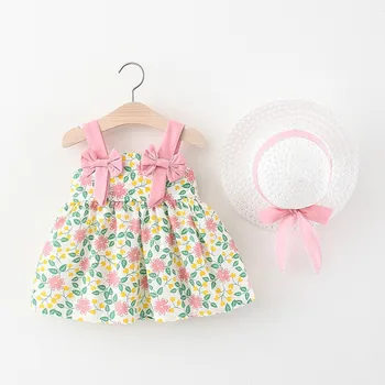 Vasaros Baby Girl Suknelės, Vaikų Drabužiai Tiktų Mados Gėlių Lankas Suspender Suknelė Bamblys Vaikas Kostiumas Siųsti Skrybėlę 0-3 metų amžiaus