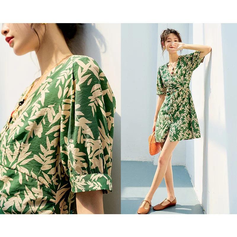 metodas vieną nišą~Chunyuan! Unikalus ir nuostabiu minimalistinio V-kaklo high waisted-line sijonas trumpas spausdinti suknelė . ' - ' . 1