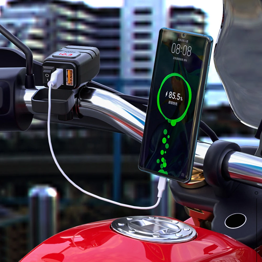 Motociklo USB Įkroviklis QC3.0 Rankenos Greito Įkrovimo Vandeniui 12V Lizdo Adapteris Su Voltmeter Motociklo Priedai . ' - ' . 2
