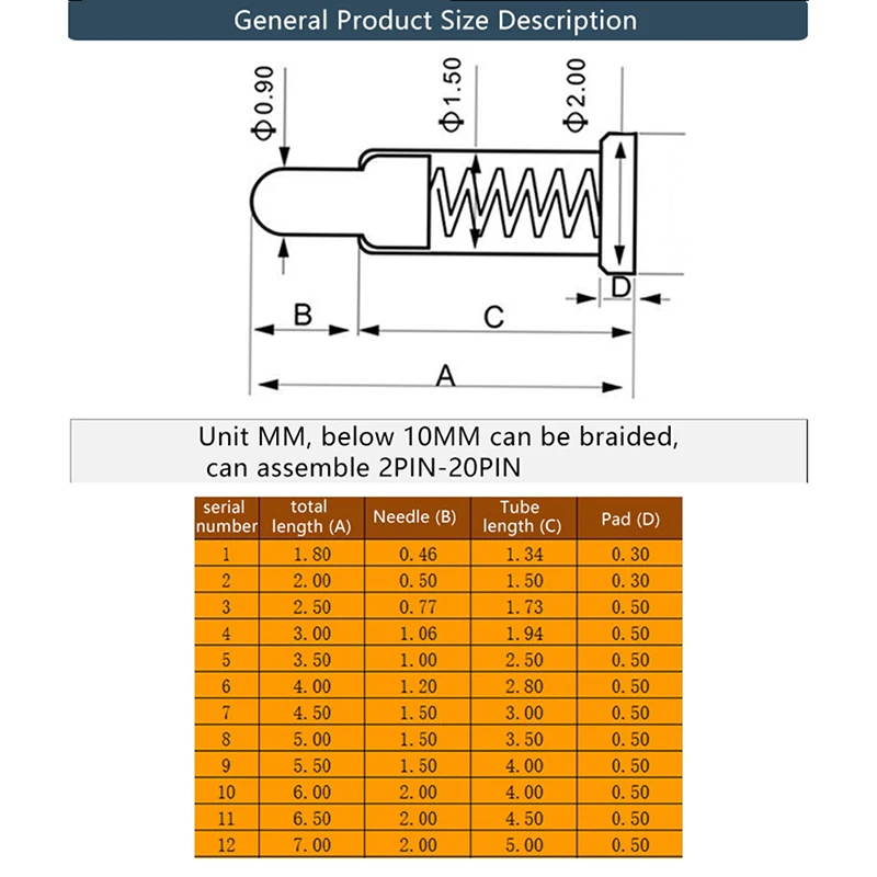 10vnt SMT Pogo Pin Jungtis Pogopin Baterija spyruoklinė Susisiekti Adata PCB Test Zondas 2.0/3/3.5/4/4.5/5/5.5/6.5/7MM . ' - ' . 3