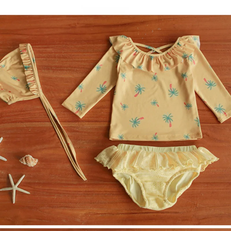 Naujas 3Pcs Vaikų Mergaičių maudymosi kostiumėlį, Pynimas Gėlių maudymosi Kostiumėliai ilgomis Rankovėmis Plaukimo Viršuje+ Nėriniai apatinės Kelnės+Plaukti Skrybėlę Nustatyti Maudyklų Paplūdimio CC162 . ' - ' . 4